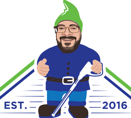 The Mighty Gnome mascot holding a pressure washer wand